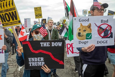 Detroit, Michigan - Labor organizations protest President Trump's 'war on working people' with a