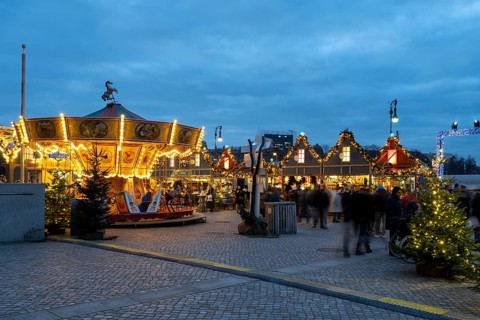 Children's carousel, Christmas market at the Humboldt Forum, Berlin Palace, Blue Hour, Mitte,