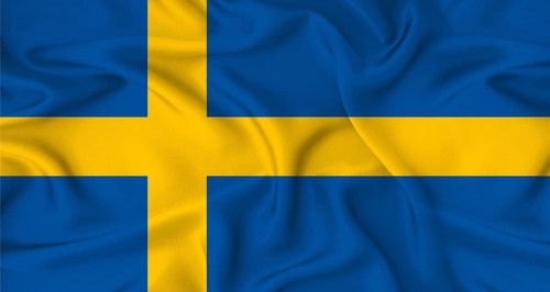 Realistic Sweden flag waving. Close up of flag of Sweden with cloth texture