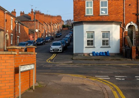 Victorian terraced housing with no front gardens, Bernard Street from Tempest Street, inner city of