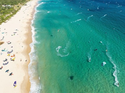 Kite surfers at the Valdevaqueros beach near Tarifa. Aerial view. Drone shot. Cádiz province,