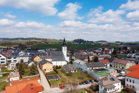 Drone image, view of the town, Lembach im Mühlkreis, Mühlviertel, Upper Austria, Austria