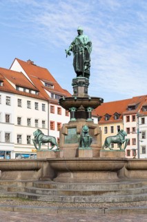 Fountain monument with Otto the Rich on the Obermarkt in Freiberg, Saxony, Germany
