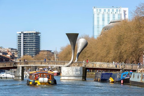 Waterbus ferry boat approaching city centre, Pero's Bridge footbridge, Floating Harbour, Bristol,