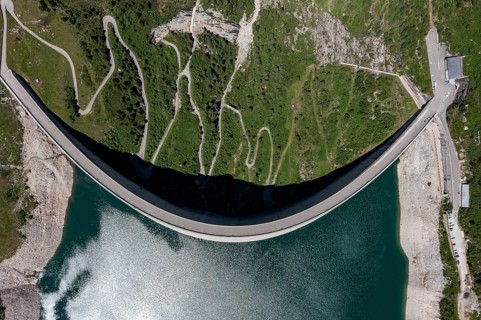 Aerial view of the dam wall at Lago di Lei in the Valle di Lei in the border region Italy,