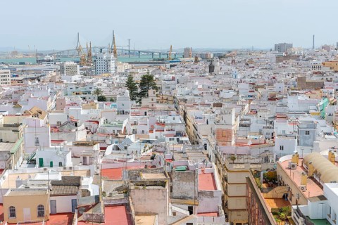 View of the Puente de la Constitución de 1812 bridge from the Torre Tavira tower over the historic