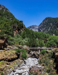 Bridge on the hiking trail through the Samaria Gorge, south coast, Crete, Greece