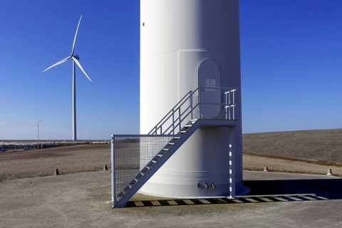 Entrance door to wind turbine tower at wind park, windfarm at Neeltje Jans, Eastern Scheldt storm