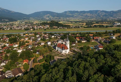 Drone image, view of town with parish church, Koblach, Rhine Valley, Vorarlberg, Austria