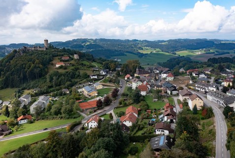 Drone shot, view of the town, Waxenberg castle ruins, Waxenberg, Mühlviertel, Upper Austria,