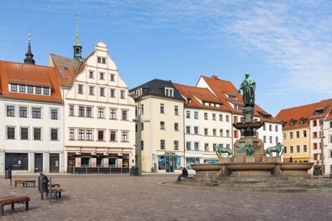 Fountain monument with Otto the Rich on the Obermarkt in Freiberg, Saxony, Germany