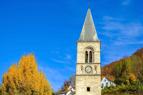 Church tower of St. Joseph's Church, Bad Urach, Swabian Alb, Baden-Württemberg, Germany