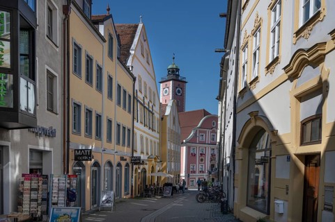 Historic houses in the Marktgasse, behind the town hall tower, Eichstätt, Upper Bavaria, Germany