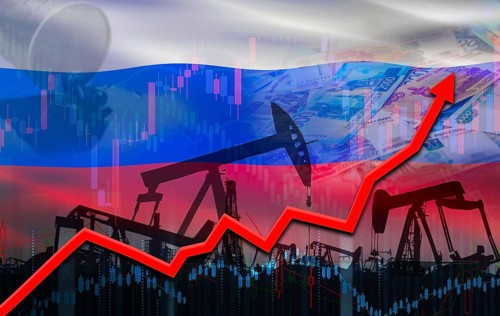 Oil pumps with Russia flag on economic graph. Oil production with Russia flag, petrol industry