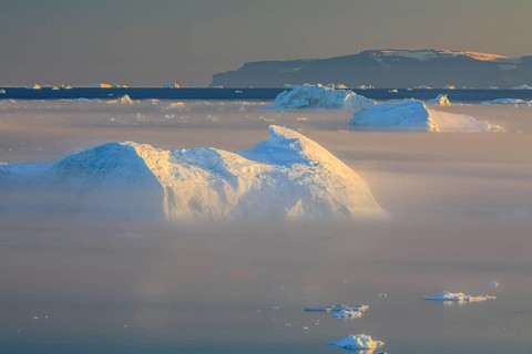 Icebergs in the fog, midnight sun, summer, Ilulissat, Ilulissat Icefjord, Disko Bay, West