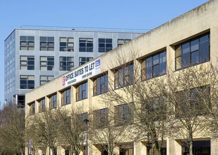 Office block space to let sign, Milton Keynes Central, Buckinghamshire, England, UK