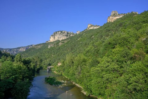 View of Tarn river with old bridge, Le Rozier, Département Lozère, France