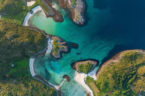 Aerial view of the coast of the island of Skrova, beaches and turquoise water, Lofoten, Norway