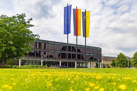 House of the state parliament of Baden-Württemberg, state parliament building in Stuttgart. Flags