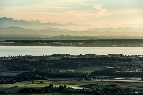View of Lake Constance and the Swiss Alps from the Gehrenberg, sunset, Markdorf, Lake Constance,