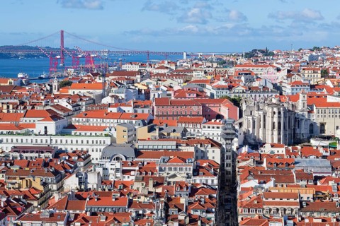 View over Lisbon, Santa Justa lift and The Church and Convent of Our Lady of Mount Carmel, Portugal