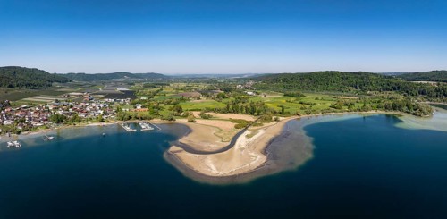 Aerial view, panorama of the mouth of the Stockacher Aach at low water, which flows into Lake