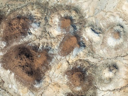 Conical rocks, so-called Prince Albert formations. Aerial view. Drone shot. Southern Namibia