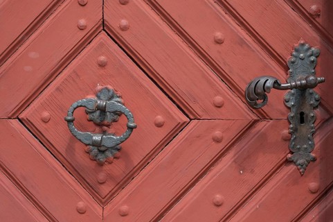 Historic door knocker and door lock on the Probstenhof Tor tor, late baroque, Zeil am Main, Lower