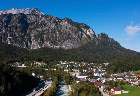 Drone shot, Untersberg, view of the village with pilgrimage church, Sankt Leonhard, Grödig,