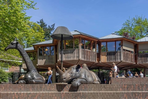 Bronze sculptures of exotic animals at entrance of Burgers Zoo, zoological garden in Arnhem,