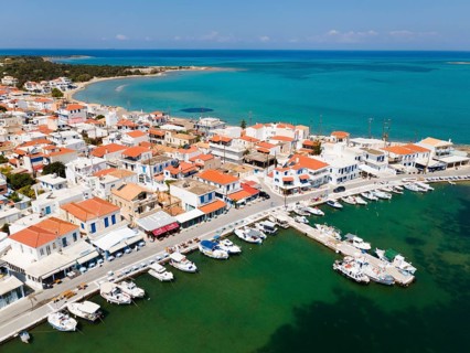 Drone shot, harbour, town of Elafonisos, Elafonisos, Deer Island, Laconia, Peloponnese, Ionian