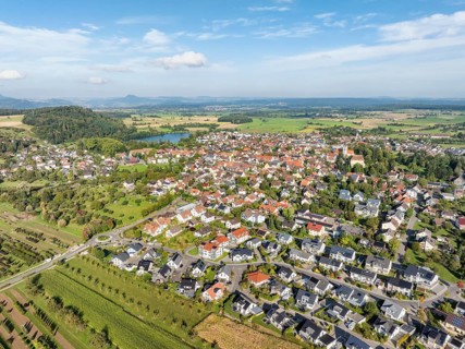Aerial view of the municipality of Steißlingen, on the horizon the Hegauberge, district of