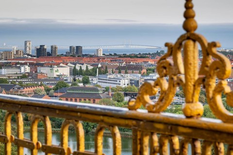 View from the tower of Vor Frelsers Kirke to the island of Amager, the Öresund Bridge or
