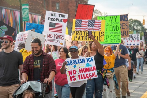 Detroit, Michigan USA - 18 October 2025 - A large crowd gathered for a 'No Kings' rally, protesting