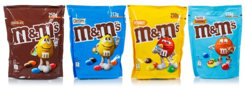 Various types of M&M's chocolate lentils from Mars Inc. cut-out isolated