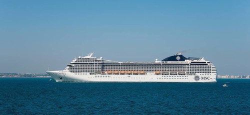 Large cruise ship on open sea with clear sky, MSC cruise ship, MSC Orchestra, Cádiz, Cadiz,