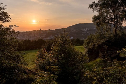 View of the sunrise over Annaberg-Buchholz, Erzgebirge, Saxony, Germany from the Teufelskanzel