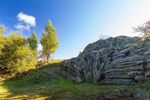 Exposed basalt columns from volcanic times, the so-called palm frond, Hirtstein, Marienberg,
