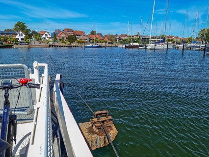 View of Germany's smallest town Arnis on the Schlei, grinding ferry, cable ferry for people and