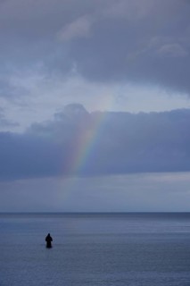 Angler and rainbow, Baltic Sea, Mecklenburg-Western Pomerania, Germany