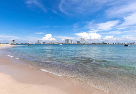 View from Deer Island, Isla de Venados, of famous Mazatlan sea promenade El Malecon, with ocean