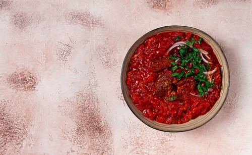 Chashushuli, a traditional Georgian dish, spicy, stewed meat with tomatoes and spices, homemade, no