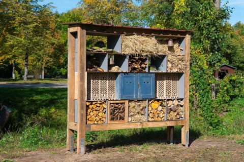 Large wooden insect hotel in an autumn garden, Magdeburgerforth, Jerichower Land, Saxony-Anhalt,