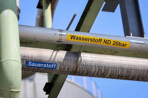 Oberhausen, North Rhine-Westphalia, Germany, pipework for hydrogen and oxygen. Green hydrogen at