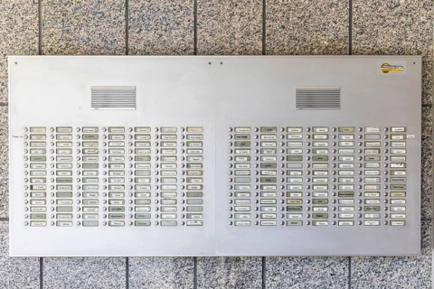 Large doorbell system with intercom on a high-rise building, Chemnitz, Saxony, Germany