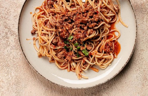 Spaghetti Bolognese, top view, close-up, without people, homemade
