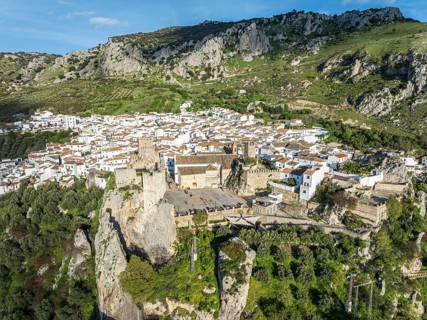 Aerial view of Zuheros castle and village, Sierras Subbéticas, Zuheros, Córdoba province,