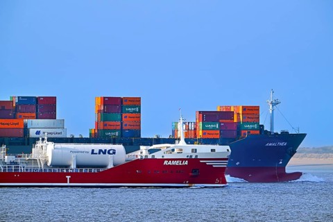 Container ship, containership Amalthea loaded with containers and oil, chemical tanker Ramelia