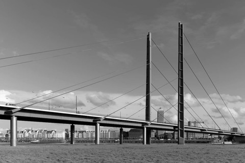 Rheinknie Bridge, cable-stayed bridge from 1969, Düsseldorf, North Rhine-Westphalia, Germany