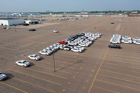 Detroit, Michigan - A mostly empty parking lot at Stellantis' Jefferson North Assembly Plant. After